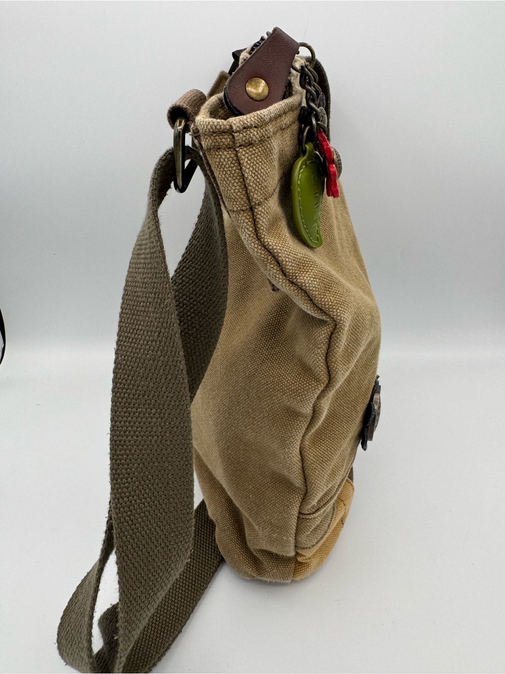 Chala Patch Embellished Canvas Crossbody Messenger Bag- Olive Green Tan Brown - Picture 4 of 11